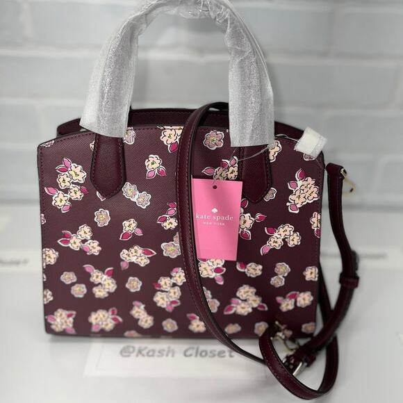 Kate Spade Satchel Tinsel Frosted floral Bag Purse Deep Berry Multi - Picture 5 of 10